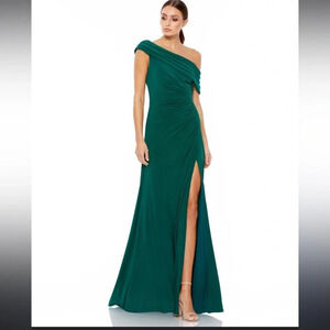 New! Mac Duggal 2651Fold Over the Shoulder Front Slit Elegant Gown Emerald Sz 0